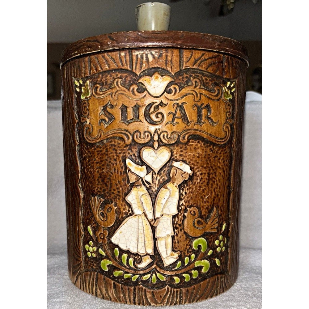 Vintage 1960s Treasure Craft Sugar Canister Jar Dutch Couple Faux Wood USA